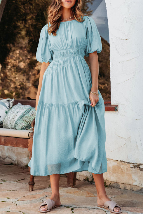 Puff Sleeve Pleated High Waist Flowy Long Dress